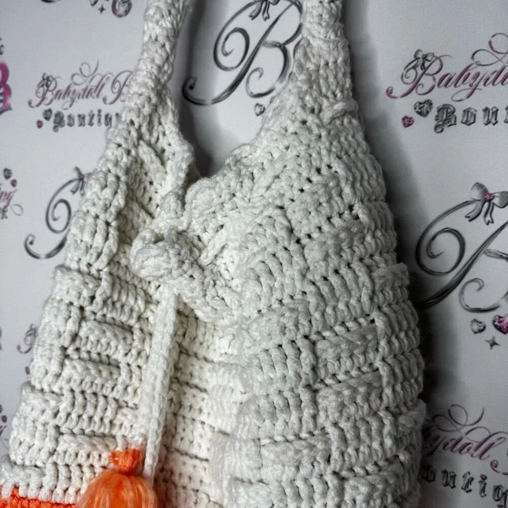 Tote handmade puff tassle Pom Pom Orange and White Crochet Shoulder Bag